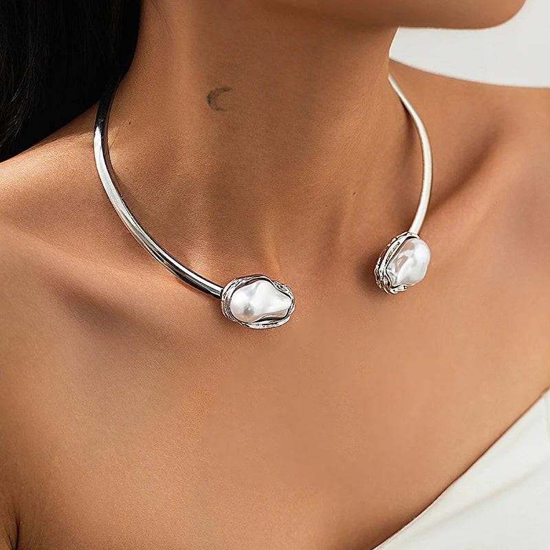 Elegant Baroque Imitation Pearl Choker Necklace Bangles Ring Earrings Set Women Chunky Circle Open Torques Collar Jewelry Set
