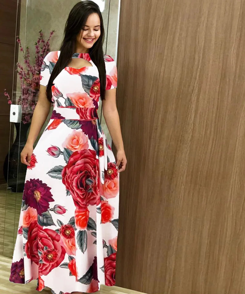 Elegant Spring Women's Dress Casual Fashion Floral Print Short Sleeve Super Long Dress 2023 New Fashion Hollow Out Long Dresses
