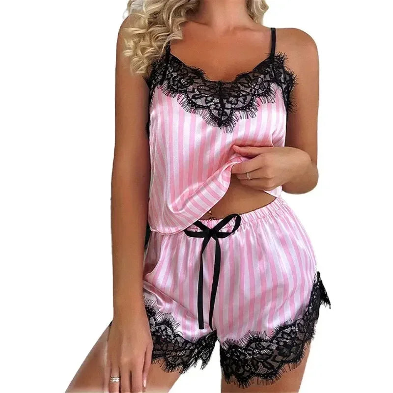 Two Piece Womens V-Neck Sexy Lace Lingerie Suspender Pajama Shorts Set Casual Woman Sleeveless Sexy Pajama Set Female Nightdress