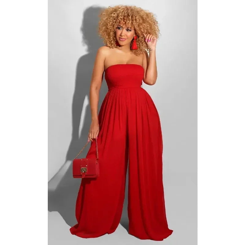 Women Strapless Sleeveless Long Loose Wide Leg Pants Overall Jumpsuits High Waist Solid Color Full Length Pants