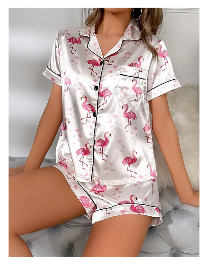 Women's Pajama Pj Set Heart Print Satin Pyjama Casual Short Sleeve Lapel Collar Tops & Pants Sleepwear & Loungewear for Adults