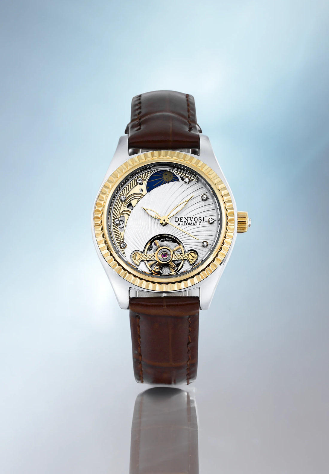 Ladies Flywheel double hollowed luxury fashion casual luminous leather watch with automatic mechanical waterproof wristwatch