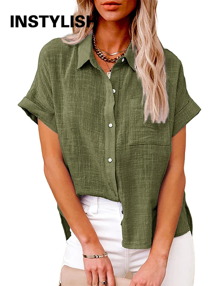 Casual Solid Short Sleeve Cotton Linen Loose Blouse Vintage Harajuku Oversized Shirt Elegant Tunic Summer Tops Women 2022