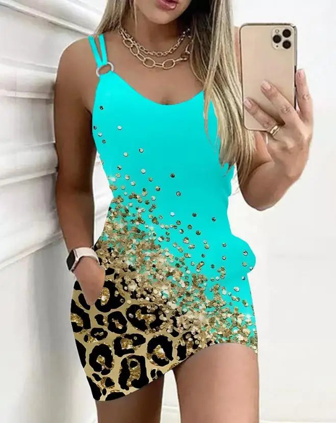 Women Dresses 2023 Summer Fashion Coconut Tree Print Colorblock Casual V-Neck Sleeveless Pocket Design Daily Vacation Mini Dress