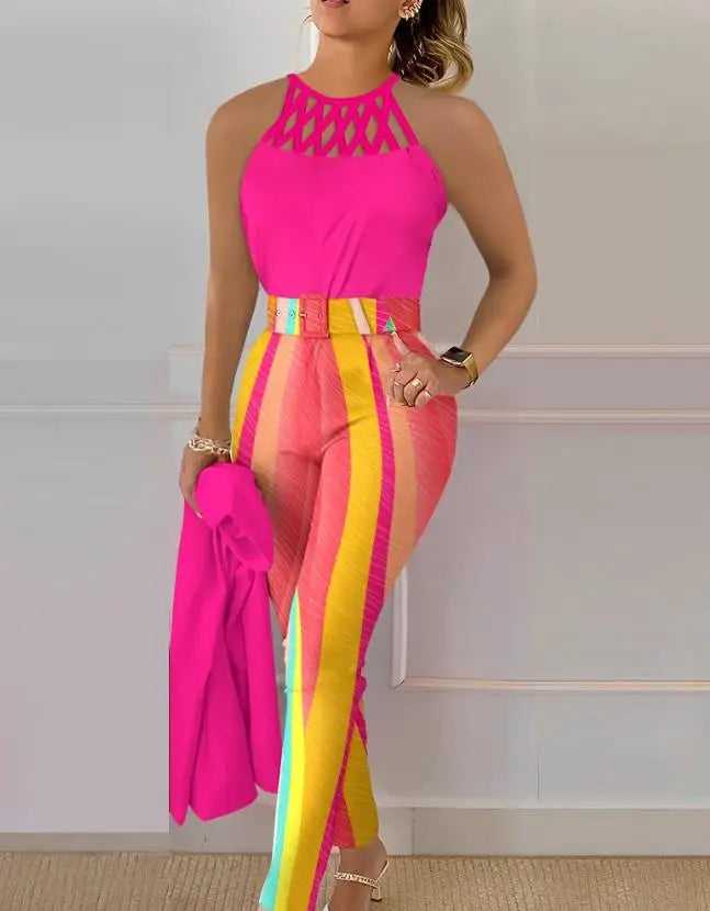 Women's Urban Style Suit 2025 Spring Summer Latest Sexy Solid Color Hollow Out Sleeveless Tank Top&high Waist Straight Pants Set