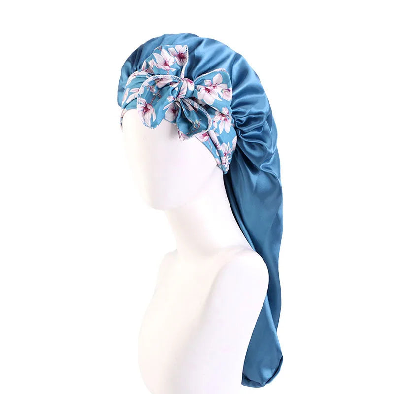 New Women Long Oversized Elastic Satin Print Bonnet Sleeping Cap with Ribbon Breathable Sleep Cap Turban Night Headwear Bandanas