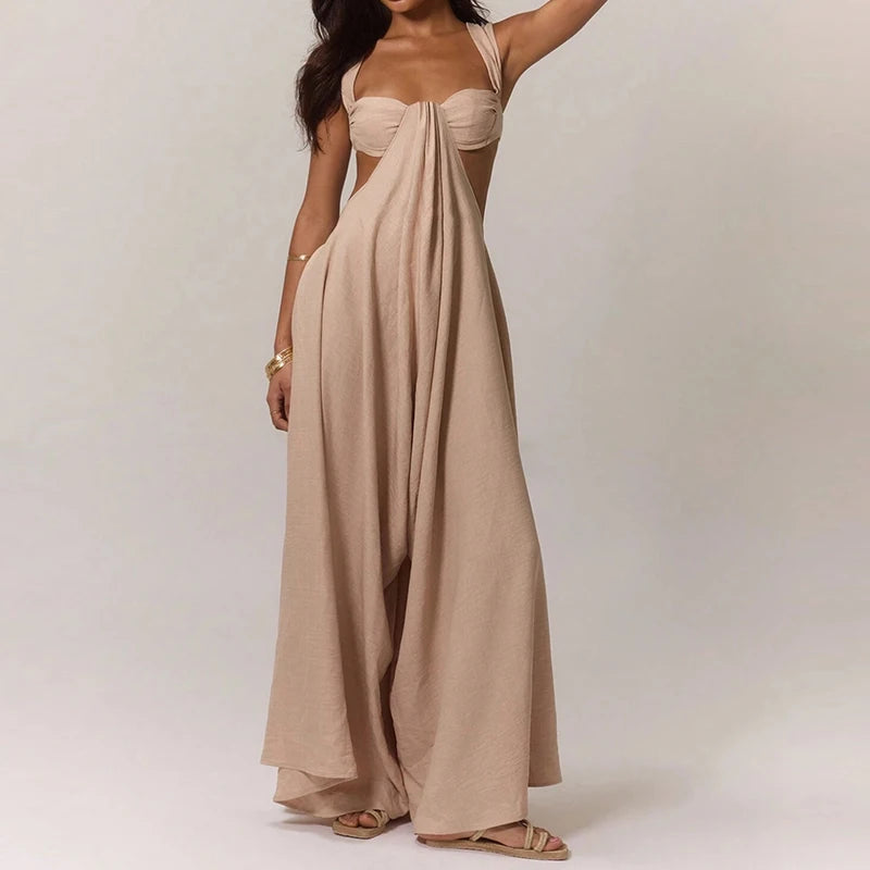 Fashion Hollow Waist Halter Wide Leg Jumpsuits Sexy Tube Top Sleeveless Solid Color Playsuits Lady High Street Commute Rompers