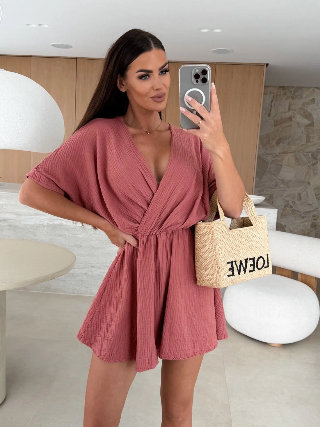 Summer Women's Jumpsuit Short Sleeved V-neck Fashionable Casual Waist Cinched Solid Color Jumpsuit