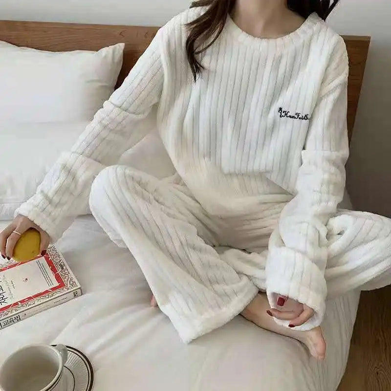 Autumn Women Solid Warm  Thicken Velvet Ribbed Fleece Set Pullover And Pants Women Casual Pajama Sets 2024