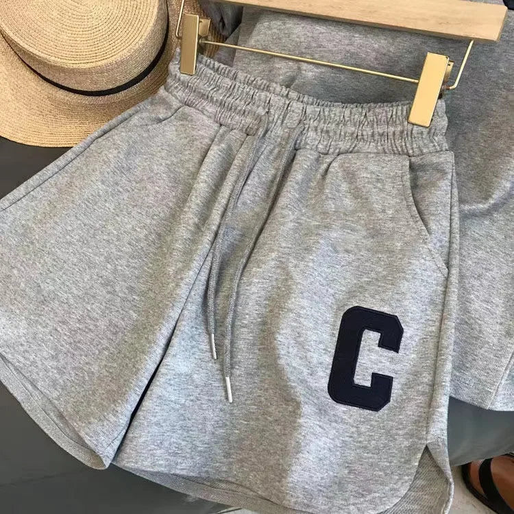 ﻿ 2 Piece Set Women Summer Loose Short Sleeve T-Shirt Casual Shorts Sports Print Letter Casual Suit Large Size Short Pajamas