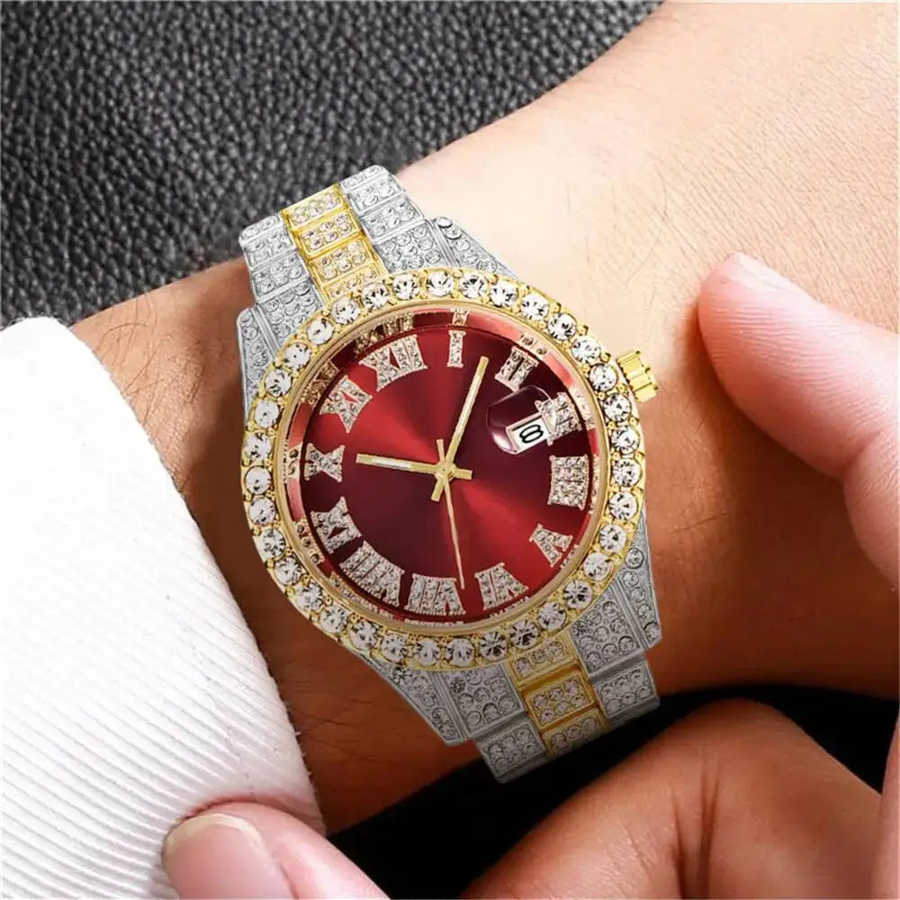 Luxury Full Diamond Men Watches Fashion Stainless Steel Strap Male Quartz Wristwatches Date Calendar Watch Reloj Hombre