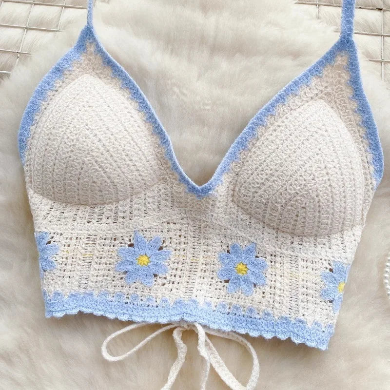 Vacation Style Camis Vest Women Patchwork Sweet Hook Flower Sexy Backless Suspender Camisole Hanging Neck Outwear Crop Tops