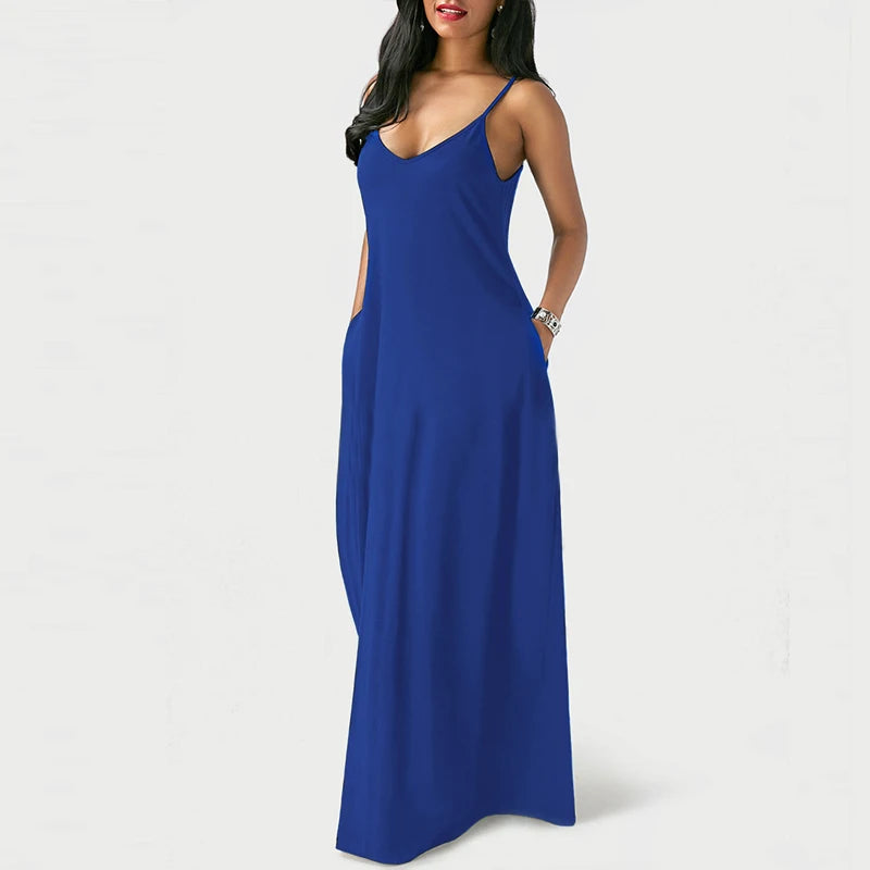 Women Pocket Long Dress Sexy V-Neck Sleeveless Loose Casual Dresses Summer Spaghetti Strap Solid Color Beach Maxi Dress S-5XL