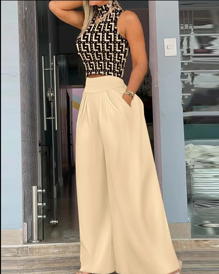 Autumn New Sleeveless Vest For Women's Suit Fashion Printed Wide Leg Trousers Slim Elegant Female Temperament Office 2 Piece Set