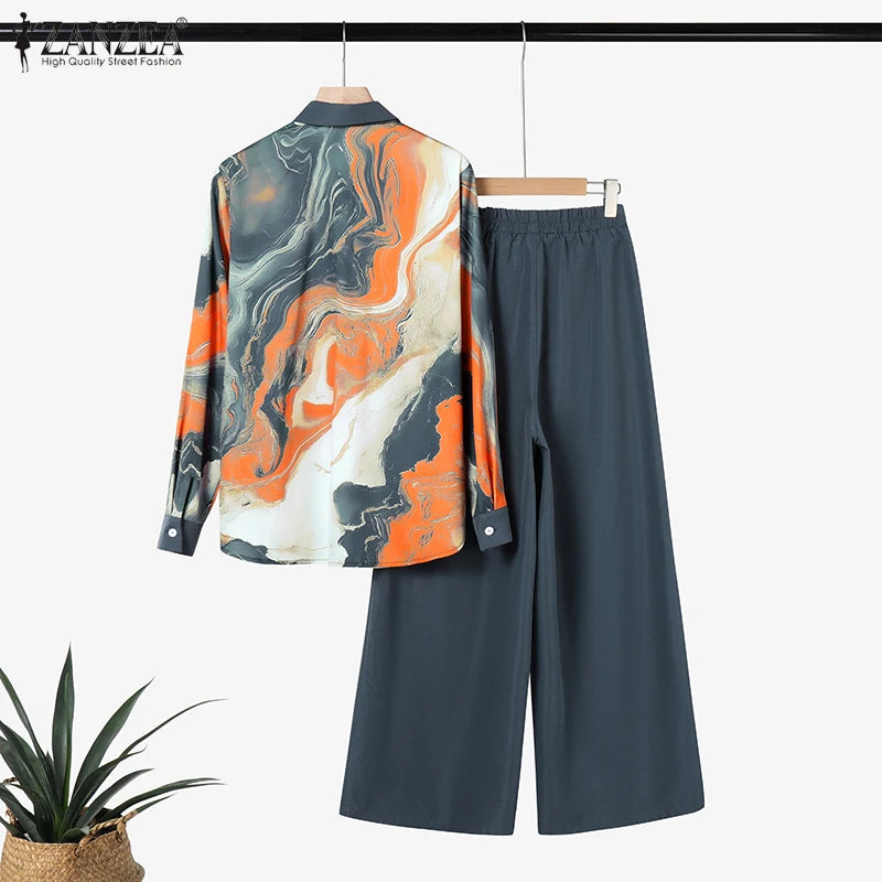 ZANZEA Fashion Women Two Pieces Sets Long Sleeve Lapel Shirt Wide Leg Pant Sets 2PCS Holiday Outfits Casual OL Work Tracksuits