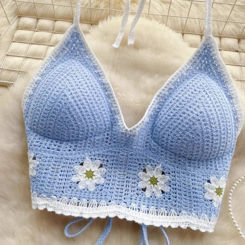 Vacation Style Camis Vest Women Patchwork Sweet Hook Flower Sexy Backless Suspender Camisole Hanging Neck Outwear Crop Tops
