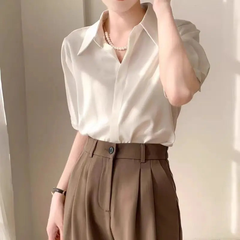 Summer Women's Blouse Casual Loose Short Sleeve Ladies' Shirt Fashion White Pullover Button Up Female Clothing Elegant Waman Top