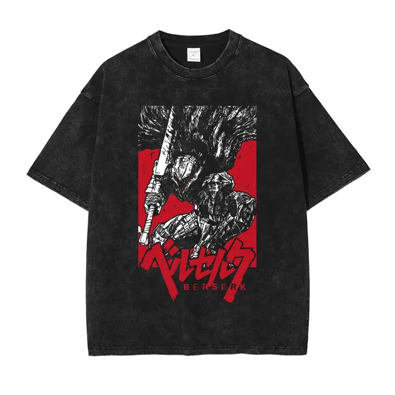 Griffith T-shirts Oversized Streetwear Vintage Washed Anime Kenpuu Denki T Shirt Short Sleeve Retro Manga Guts Tops Tees Men