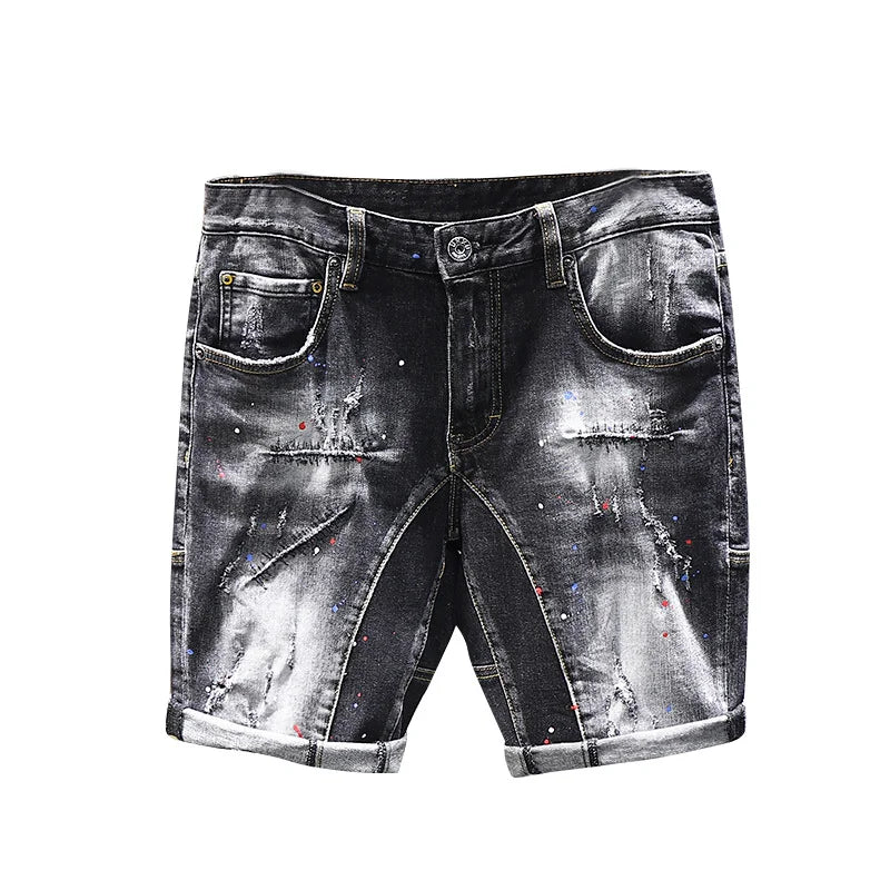 Tie-dye Fashion Paint Spots Denim Shorts Men's Summer New Ripped Retro Dilapidated Male Streetwear Short Jeans