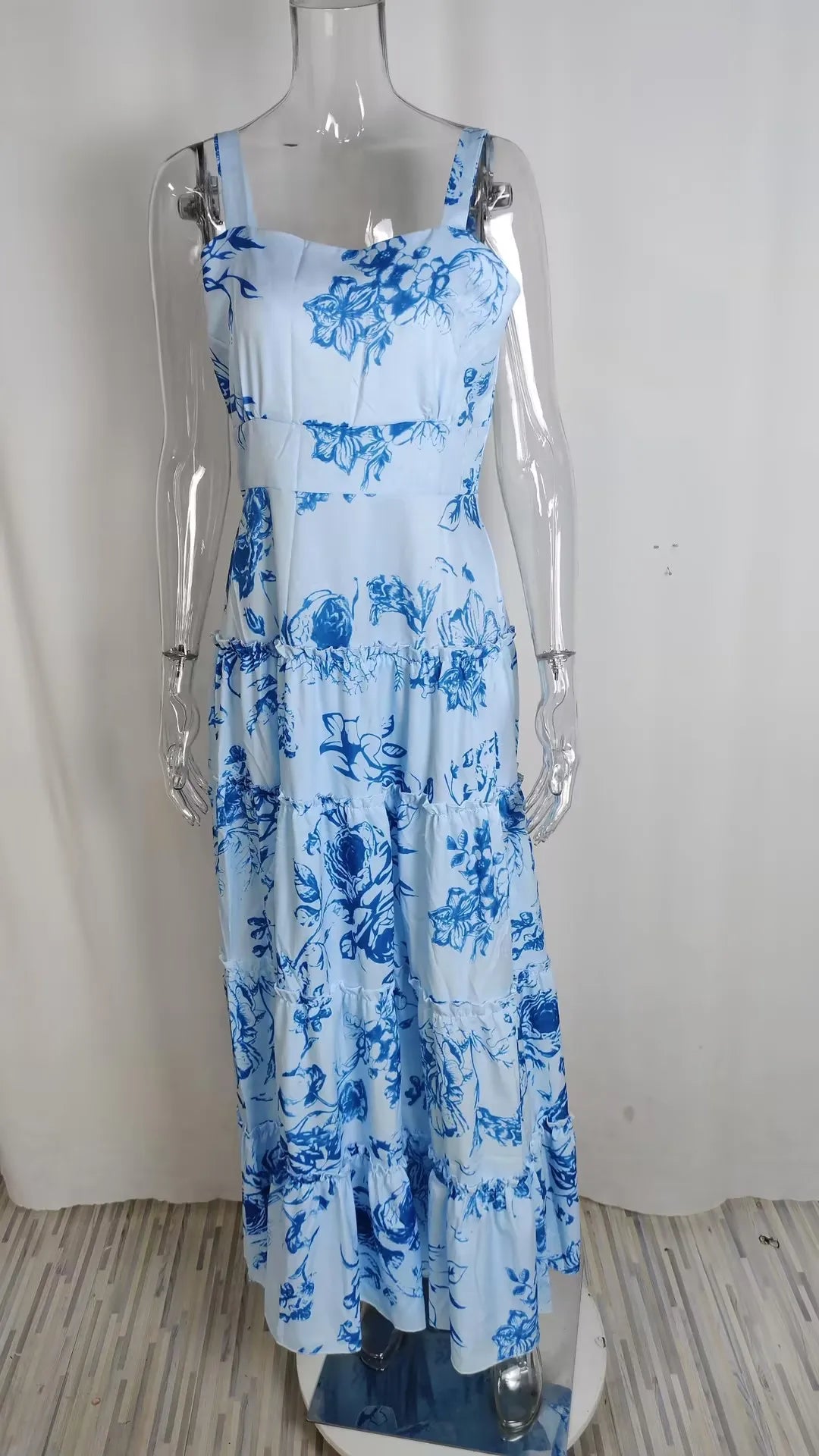 Slim-fit Camisole Maxi Dresses for Women Summer Sexy Long Dress Women Fashion Floral Printed Square Collar Without Sleeves Dress