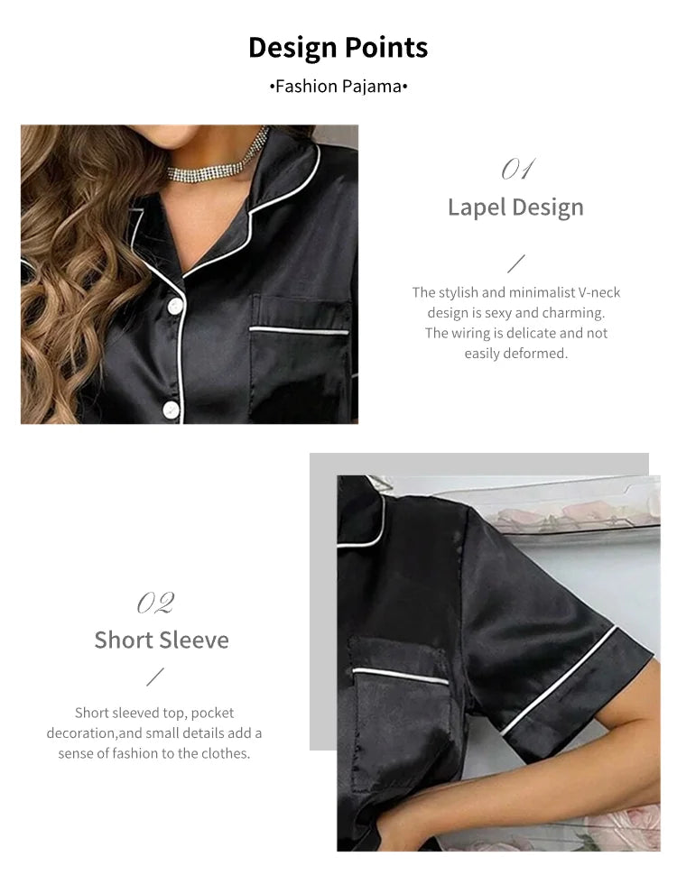 Satin Pajama For Women Home Clothes Pajamas Autumn Short Sleeve Turn-down Collar Tops & Pants Sleepwear 2 Piece Set Pyjama Femme