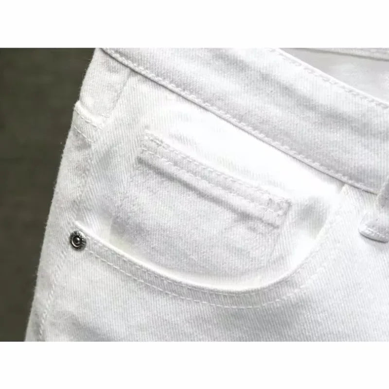 Streetwear Ripped Fashion Denim Shorts Men Summer Simple Hole Knee Length Pants Solid Straight Casual Short Jeans Male Shorts