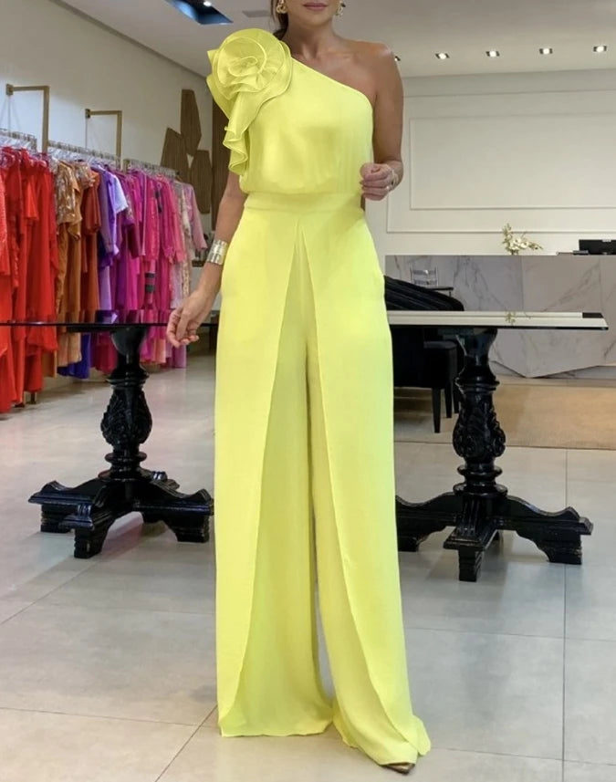 Women's Urban Style Jumpsuit 2025 Spring Summer Latest Floral Pattern One Shoulder Ruffles Romper High Waist Pants Bodysuit