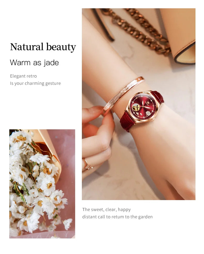 OLEVS Luxury Brand Women Mechanical Watch Leather Strap Waterproof Simple Fashion Ladies Automatic Wristwatch Relojes Para Mujer