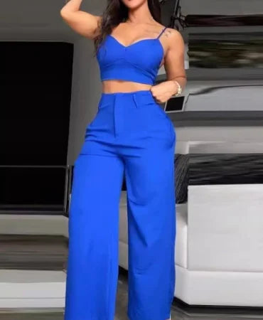 Women's Fashion Solid 2 Piece Sets Sexy V Neck Spaghetti Strap Short Tops + High Waist Wide Leg Pants Two Piece Sets Lady Summer