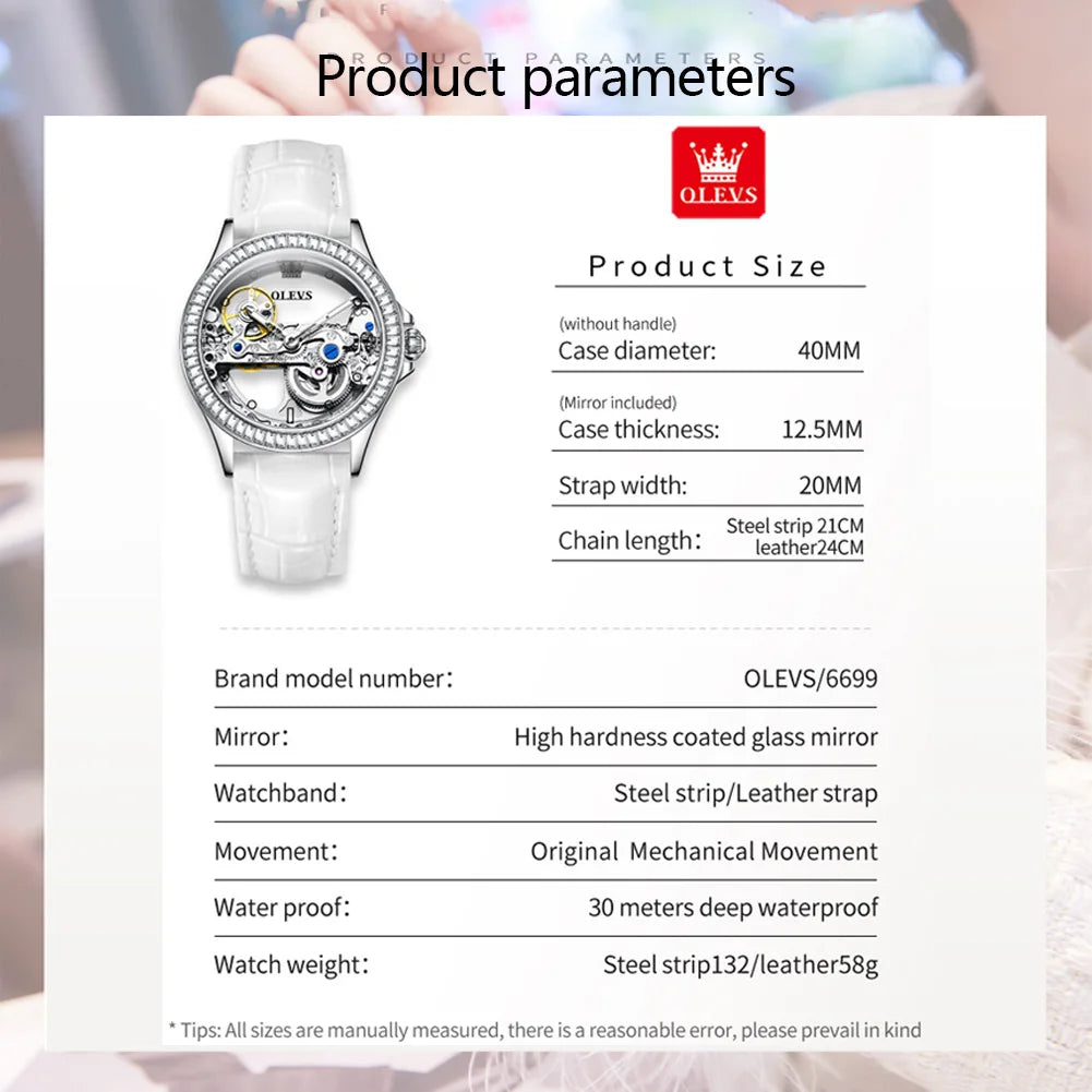 OLEVS Luxury Women Automatic Mechanical Watch Stainless Steel Diamond Inlay Fully Hollow Design Luminous Dial Elegant Wristwatch