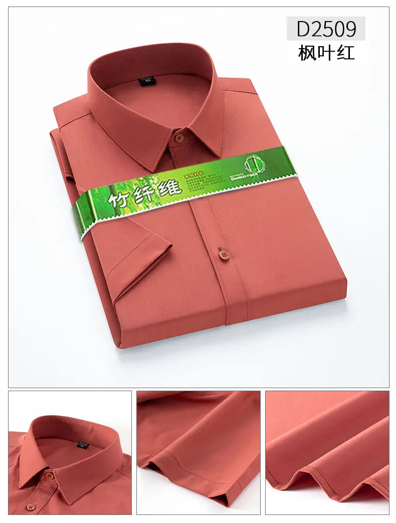 Bamboo Fiber Stretch Men Shirt Fashion Casual Business Short-Sleeved Top Anti-Wrinkle No-Iron Solid Color Formal Shirt S-6XL