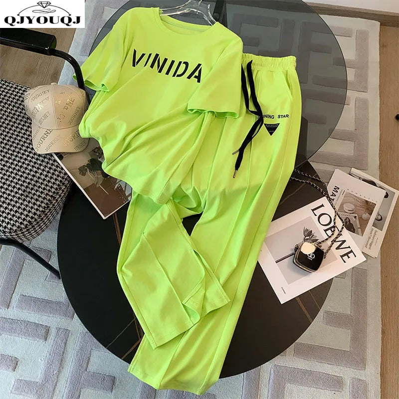 25 Summer New Fashionable Women's Set Loose Fashion Top+Sports Wide Leg Pants Two Piece Set