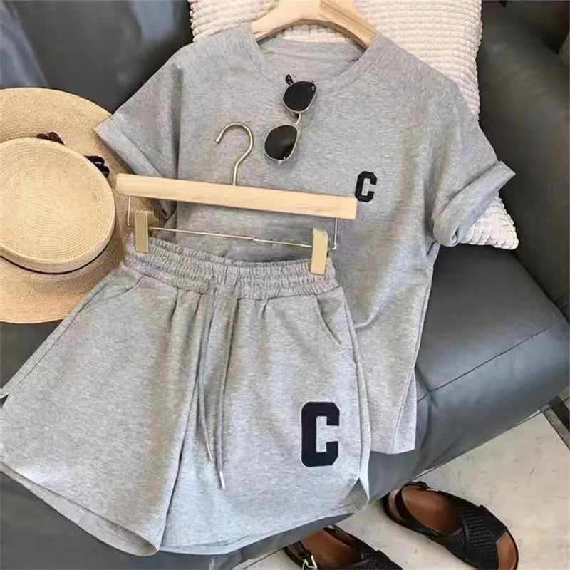 ﻿ 2 Piece Set Women Summer Loose Short Sleeve T-Shirt Casual Shorts Sports Print Letter Casual Suit Large Size Short Pajamas