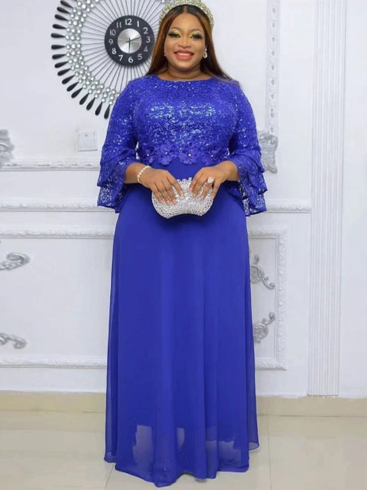 Elegant Women Evening Dresses Luxury Sequin Chiffon Long Dress African Dashiki Outfits Party Prom Birthday Gowns Female Clothing