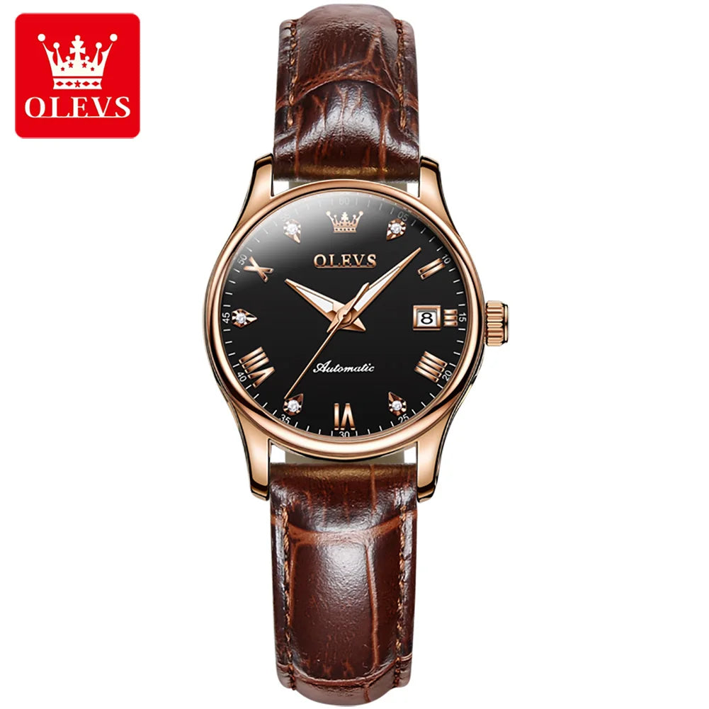 OLEVS 9932 Women's Automatic Mechanical Wristwatch Leather Strap Waterproof Dual Calendar Wristwatch Luxury Elegant Ladies Watch