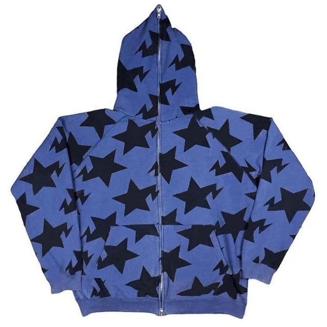 y2k Sweatshirt Men Star Print Long Sleeve Hooded Tops 2000s Aesthetic Clothes Zip Up Streetwear Fairycore Grunge Jacket Fall
