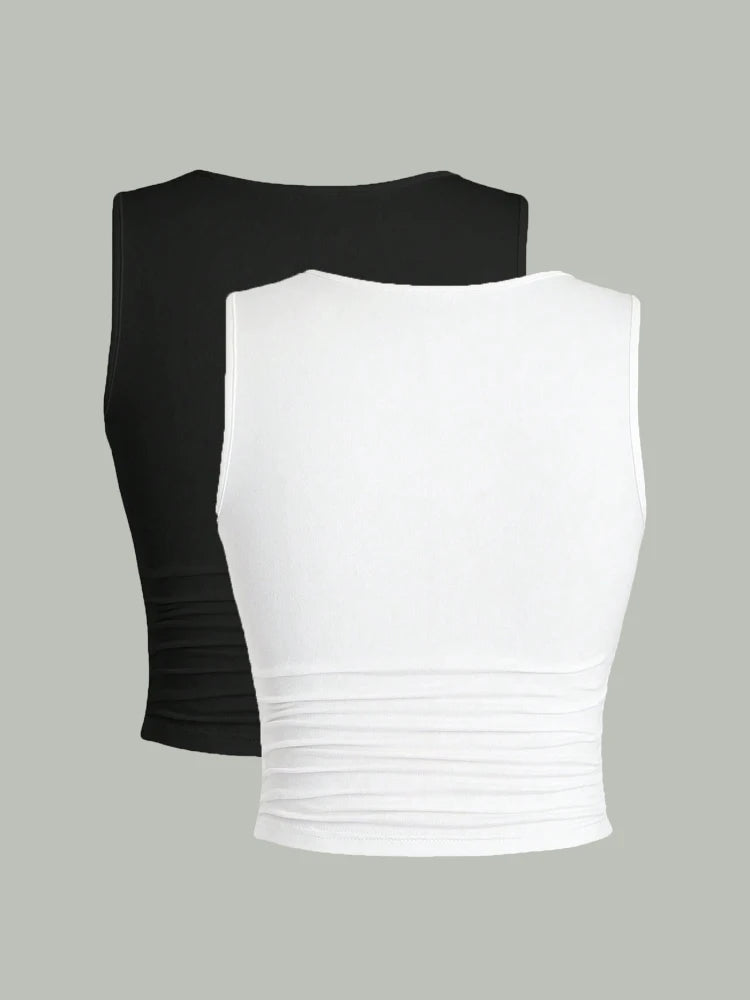 Casual Ruched Pleated Round Neck Tank Top for Women Summer 2024 Solid Color Sleeveless Basic Slim Fit Crop Top Streetwear
