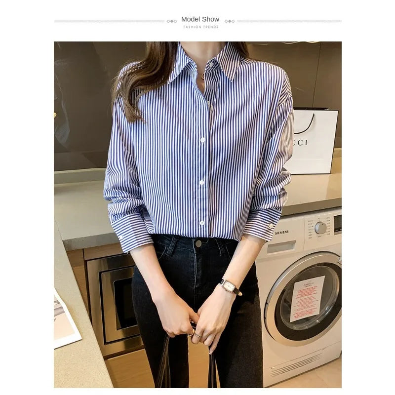 Korean Loose Shirt Classic Striped Woman Spring Autumn Blouses Shirt Lady Long Lantern Sleeve Stand Collar Loose Blusas Tops