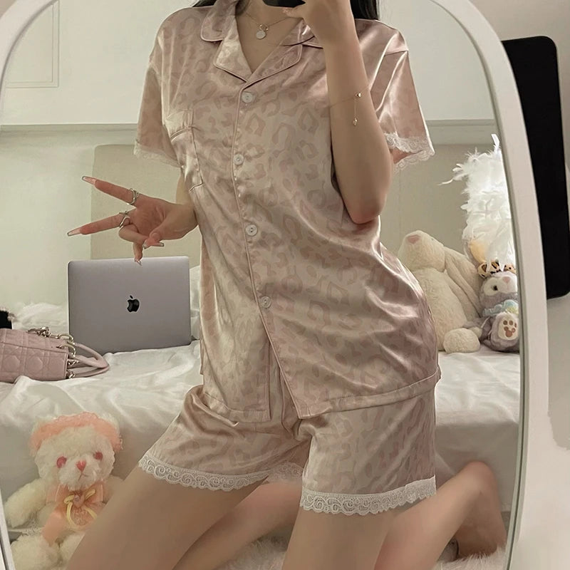 Cartoon Black Cat Cute Women Two-piece Pajamas Simulated Silk Summer Cool Short Lady Sleepwear 2024 New Classic Female Housewear