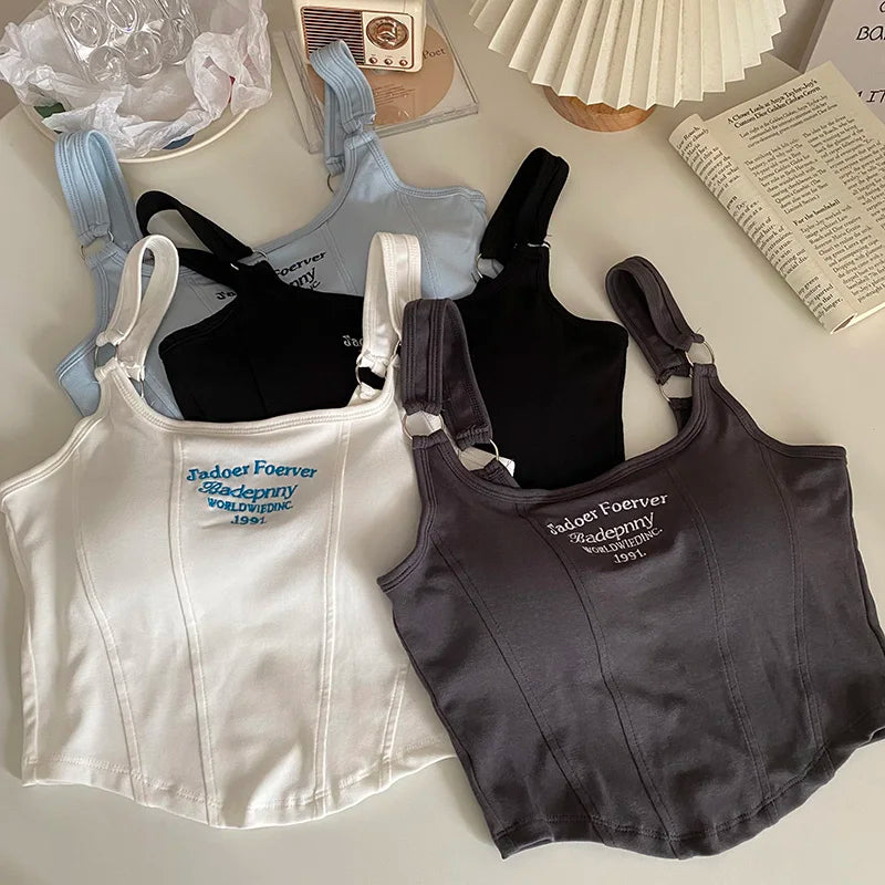 Women Embroid Letter Tank Tops With Bra Pad Casual Camis Y2K Crop Tops For Women Shoulder Belt Iron Ring Tank Tops