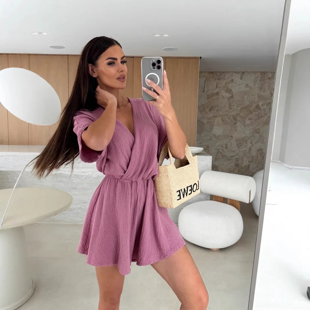 Summer Women's Jumpsuit Short Sleeved V-neck Fashionable Casual Waist Cinched Solid Color Jumpsuit