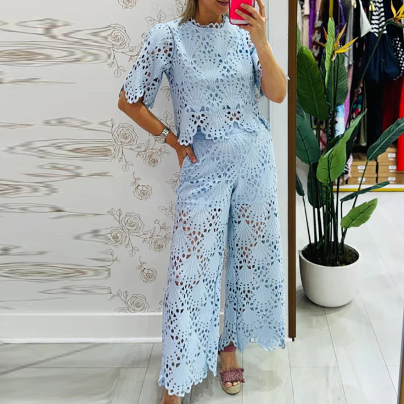 Trendy Solid Set Summer New Lace Embroidery Ruffles Elegant Outfits Women Hollow Out O Neck Half Sleeve Tops&Wide Leg Pants Sets