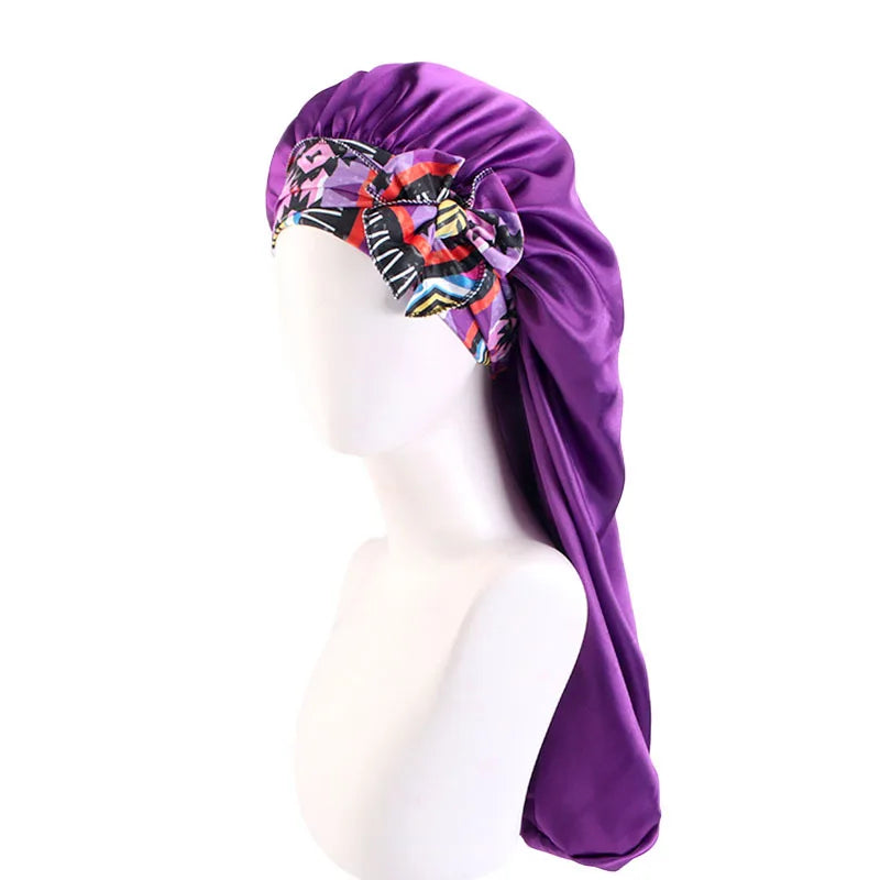 New Women Long Oversized Elastic Satin Print Bonnet Sleeping Cap with Ribbon Breathable Sleep Cap Turban Night Headwear Bandanas