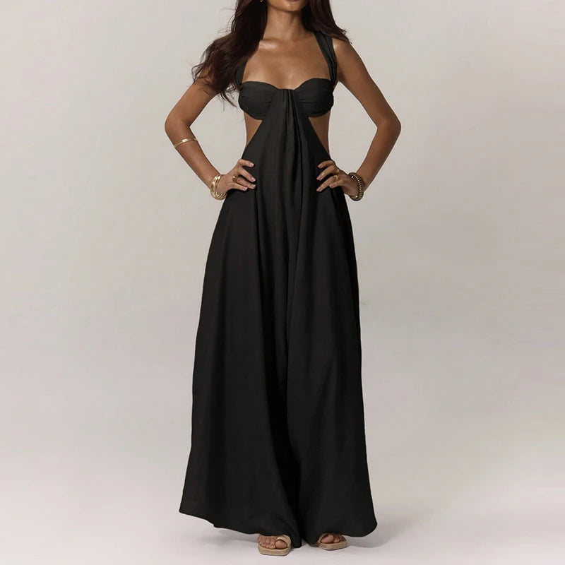Fashion Hollow Waist Halter Wide Leg Jumpsuits Sexy Tube Top Sleeveless Solid Color Playsuits Lady High Street Commute Rompers