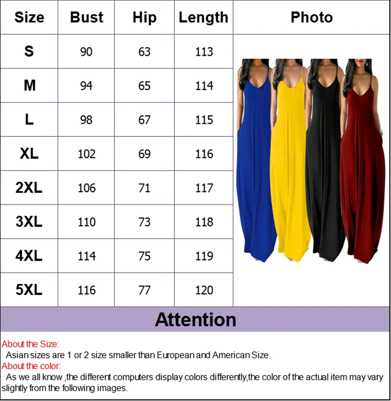 Women Pocket Long Dress Sexy V-Neck Sleeveless Loose Casual Dresses Summer Spaghetti Strap Solid Color Beach Maxi Dress S-5XL