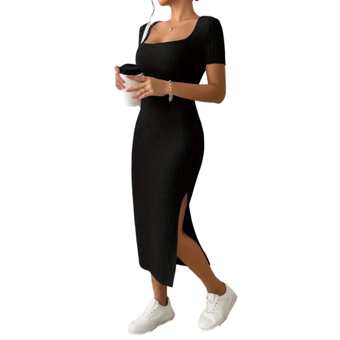 Summer Square Neck, Hip-Hugging Mid-Length Skirt, Short-Sleeved, Versatile Knitted Slit Dress