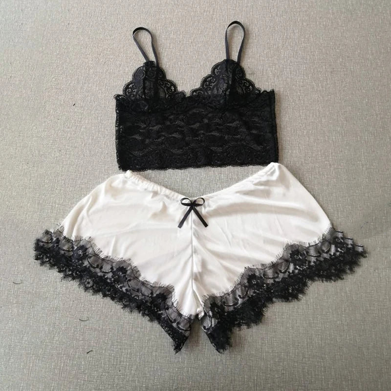 Womens Sexy Lace Sleepwear Lace Nachtkleding Lingerie Sleeveless V-Neck Babydoll Pajamas Set Lingerie Tops Shorts Set Nightwear