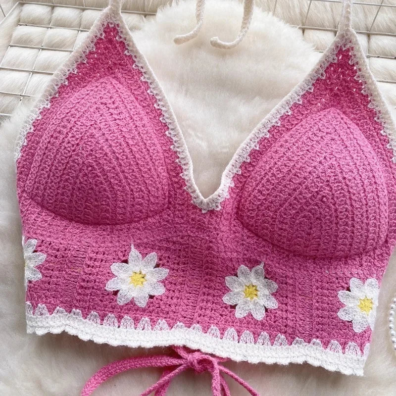 Vacation Style Camis Vest Women Patchwork Sweet Hook Flower Sexy Backless Suspender Camisole Hanging Neck Outwear Crop Tops