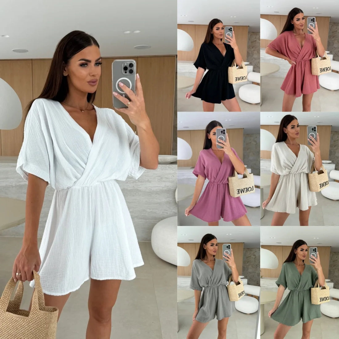 Summer Women's Jumpsuit Short Sleeved V-neck Fashionable Casual Waist Cinched Solid Color Jumpsuit