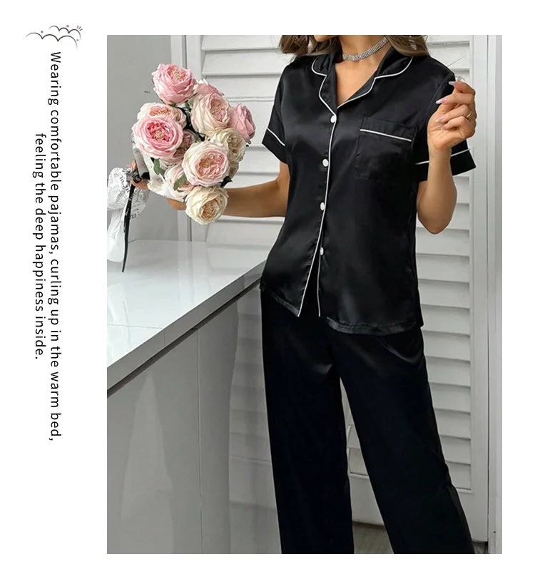 Satin Pajama For Women Home Clothes Pajamas Autumn Short Sleeve Turn-down Collar Tops & Pants Sleepwear 2 Piece Set Pyjama Femme